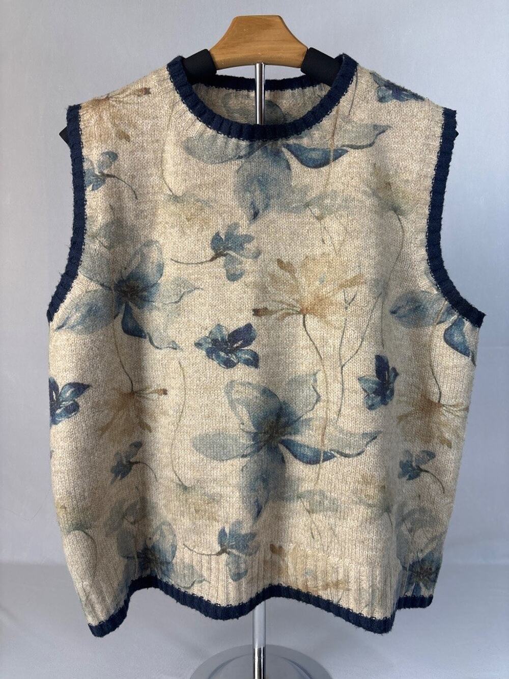 Floral Print Knit Sweater Vest Cream Blue Navy Trim XXL Cottagecore Sleeveless